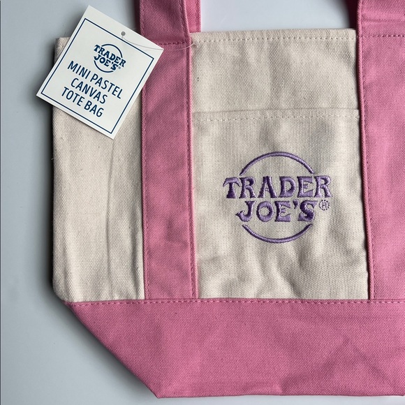 Trader Joe's Pink & Cream Mini Canvas Tote with Mochi Minster Keychain Bundle - Picture 3 of 6